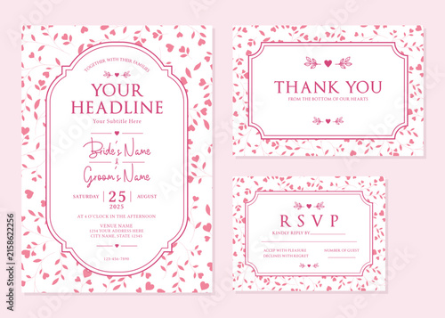  Pink Heart Floral Wedding Invitation Card Suite Vector Template
