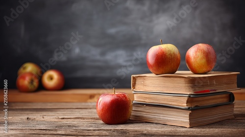 Fresh red apples resting on a rustic stack of vintage hardbound books captured with soft lighting in high resolution detail