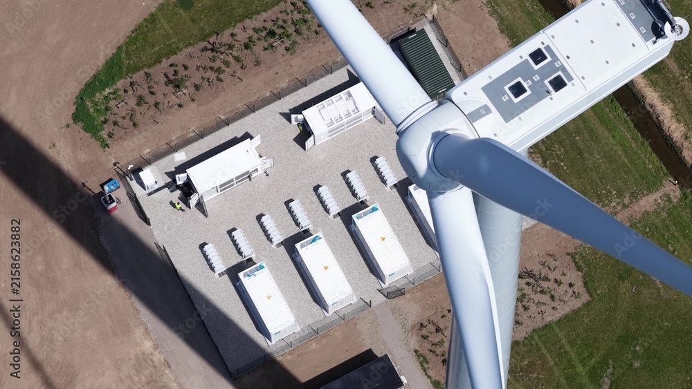 Fototapeta premium Aerial View of Battery Storage Commissioning at Dutch Wind Farm