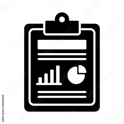 Black and white of a clipboard holding a document with a bar chart and a pie chart for business data reporting and financial performance