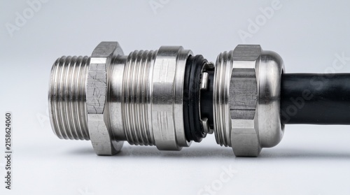 Metal cable gland connector for industrial electrical wire installation.