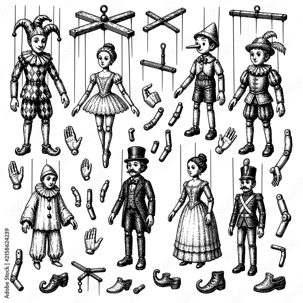 Obraz premium Traditional marionette puppets controls and joint parts vector set