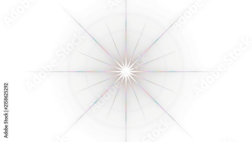 Luminous white starburst with radial light rays, bright lens flare effect on white background, glowing sunburst element for design