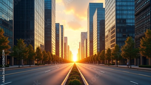 Wide symmetrical city street, modern glass office skyscrapers, lined roadside trees, central green median, few pedestrians on sidewalk, warm golden sunset glow, vanishing‑point perspective, downtown b