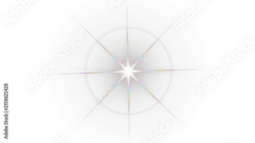 Luminous starburst lens flare, bright white light effect with radial rays, glowing celestial star on white background, ethereal sparkle overlay