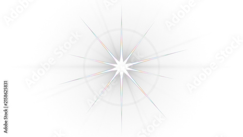 Luminous white starburst with radial lens flare, bright glowing light effect on white background, celestial sparkle for graphic design