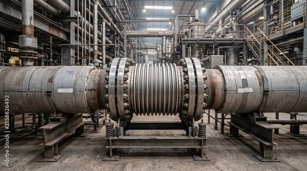 Naklejka premium Industrial metal pipeline with expansion joint in factory setting.
