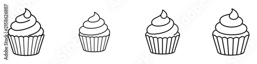 Minimalist black and white cupcake illustration set with frosting swirl for bakery and dessert designs.
