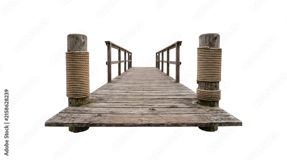 Fototapeta premium Vintage wooden jetty with thick rope pillars, weathered pier. Antique harbor walkway with bungee bumpers. Empty boardwalk walkway.