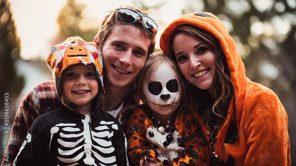 Obraz premium Happy young family wearing festive halloween costumes and spooky makeup posing together for a bright outdoor photograph during autumn season