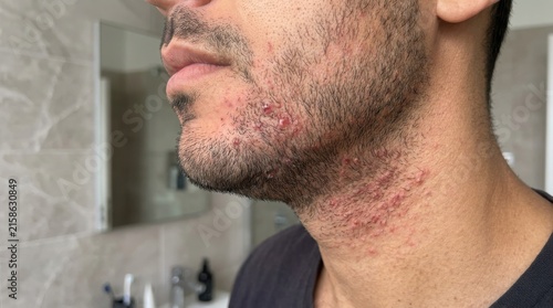 Close up view of a man with severe skin irritation and razor burn on his neck