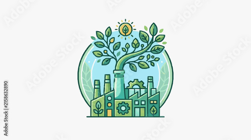 Professional Eco Friendly Industrial with Green Factory Tree and Sun Symbol for Sustainability Concepts