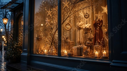 Warm Festive Display in Window with Lights Ornaments and Gifts
