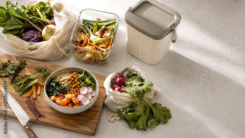 Low Waste Meal Prep with Fresh Vegetables and Reusable Containers for Sustainable Home Cooking