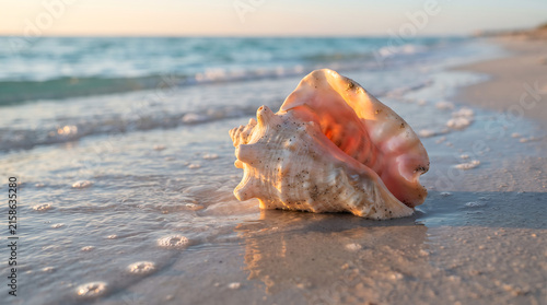 Large conch shell lying on sandy beach shore with gentle ocean waves at sunset beautiful tropical sea landscape nature background summer vacation travel concept image.