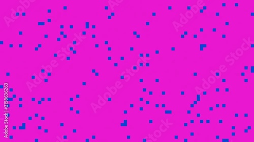 Seamless looping motion graphic of small blue pixel squares appearing and shifting at random across a flat hot pink grid, in a retro 8 bit video game style.