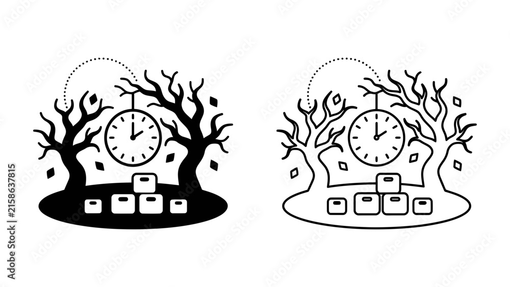Fototapeta premium Autumn Time Capsule: Two stylized scenes depict a clock suspended between bare trees, with fallen leaves scattered around stacked cubes.