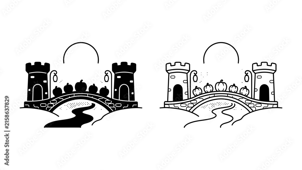 Fototapeta premium Castle Bridge with River and Moon: Two stylized illustrations depict a charming castle bridge with decorative elements and a winding river below, under a serene moon.