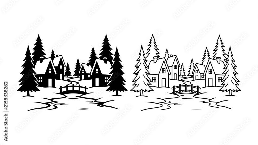 Obraz premium Winter Village Scene: A charming illustration depicts a cozy village nestled amongst snow-laden pine trees, with a frozen river flowing through its heart.