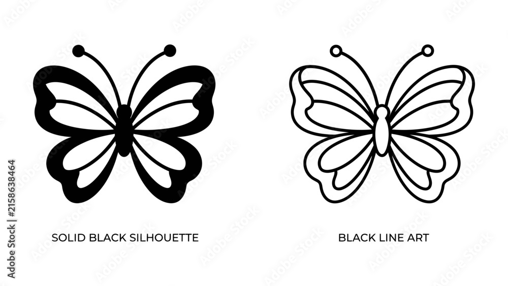 Fototapeta premium Two Butterfly Silhouettes: A solid black silhouette and a black line art illustration of a butterfly, showcasing elegant symmetry and delicate wing patterns.