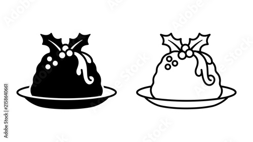 Bild auf Leinwand Christmas Pudding Icons: A festive graphic representation of a traditional Christmas pudding, adorned with holly and berries, presented in both solid black and outline styles