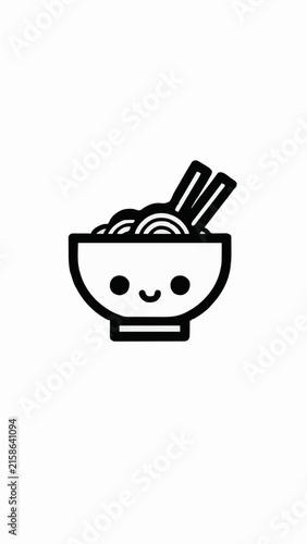 Cute Cartoon Noodle Bowl with Chopsticks Line Art Icon