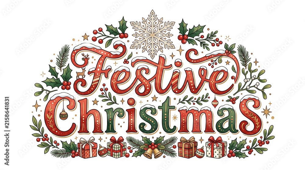 Fototapeta premium Festive Christmas lettering artwork adorned with winter pine branches seasonal berries golden bells and presents for seasonal greeting cards or holiday decorations to celebrate the annual winter