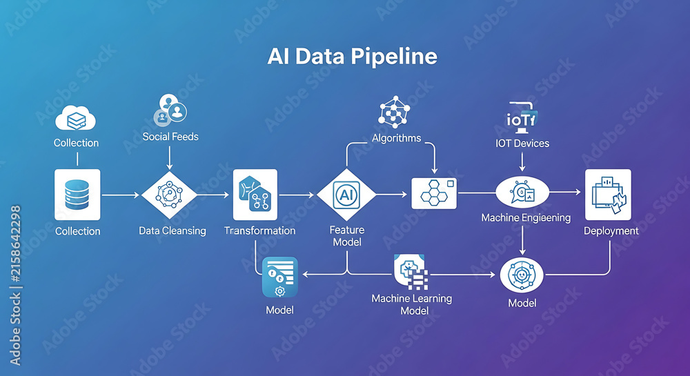 Naklejka premium Artificial intelligence data pipeline workflow diagram showing sequential steps from information collection to software system deployment