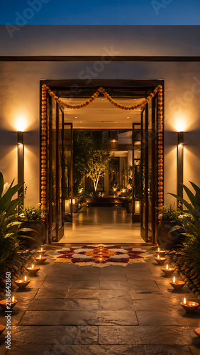 Diwali Hotel Entrance Decoration with Warm Diyas, Floral Garland and Welcoming Lights Vertical