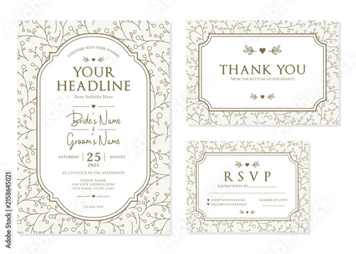 Elegant Outline Branch Berries Wedding Invitation Suite Vector Template

