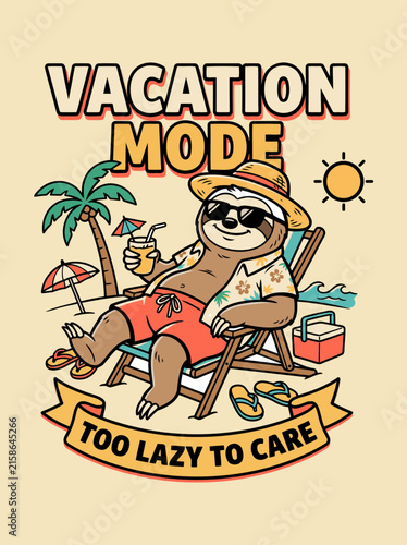 Relaxed Sloth Enjoying a Sunny Beach Vacation with Tropical Drinks, Sunglasses, and a Carefree Summer Mood