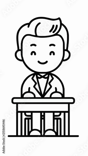 Cute Cartoon Male Teacher Sitting at Desk Line Art Vector