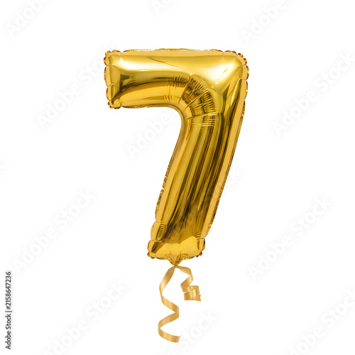 Glowing gold foil number seven balloon with ribbon