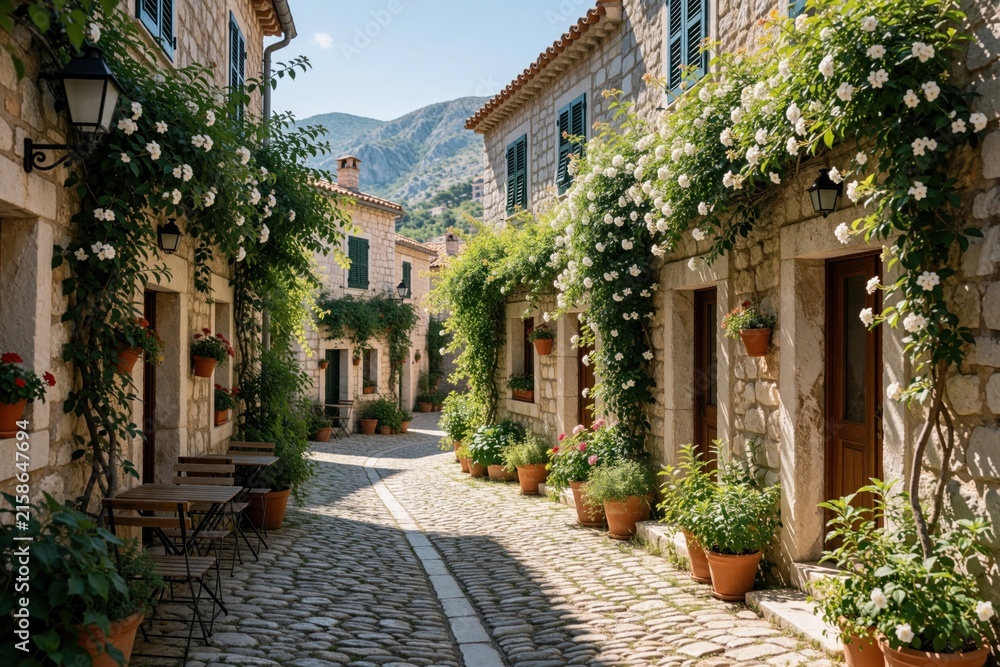 Fototapeta premium Narrow cobbled street in old European town with stone houses, blooming white flowers. Green vines, potted plants decorate rustic facades. Quiet alleyway offers peaceful atmosphere for walking,