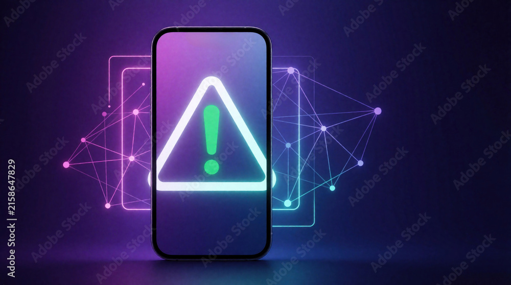 Fototapeta premium Smartphone shows warning triangle with exclamation mark. Digital screen displays alert on dark background with neon tech network. System error concept.