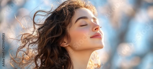 young woman with windswept curly hair outdoors, blurred face, soft sunlight and dreamy serene mood