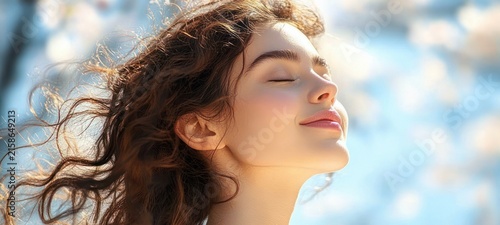 profile of a woman with curly brown hair, face obscured by a square blur, ear and neck visible, hair blowing in the breeze among soft white blossoms, serene and peaceful