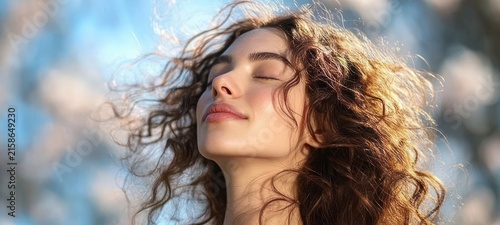 backlit person with long curly hair tilted upward toward sunlight among soft spring blossoms, serene and carefree mood