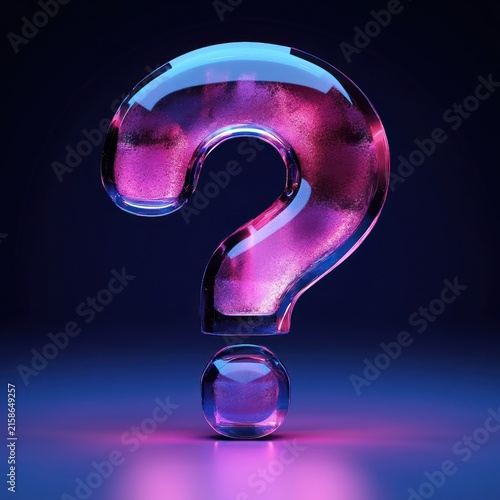 Translucent glass question mark glowing with neon pink and blue light on a reflective surface, futuristic and mysterious mood conveying curiosity and intrigue