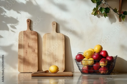Sunlit kitchen still life with two wooden cutting boards, a lemon on a small board and a wire basket of red apples and yellow lemons on a reflective countertop, calm cozy mood