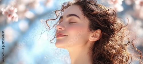 Close-up profile portrait of a person with curly brown hair blowing in the breeze among soft pink blossoms and bright blue sky, serene dreamy mood, face blurred