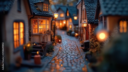 Miniature cobblestone street lined with cozy lit cottages and lanterns, potted plants and warm evening glow creating an enchanting peaceful scene
