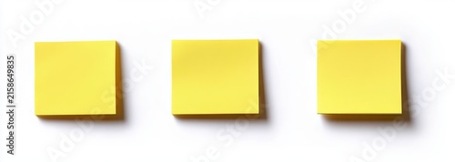 Three bright yellow square sticky notes neatly aligned on a clean white background, minimalist and orderly with soft shadows conveying a calm, organized mood