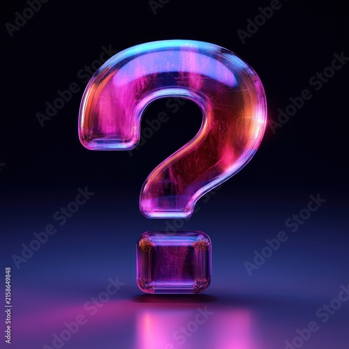 translucent glass question mark glowing in neon pink, purple and blue with glossy reflective surface and soft floor reflection on a dark gradient background, evoking curiosity and mystery