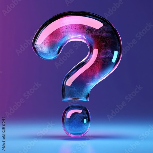Floating transparent glass question mark with neon pink and blue reflections on a purple gradient background conveying curiosity and mystery