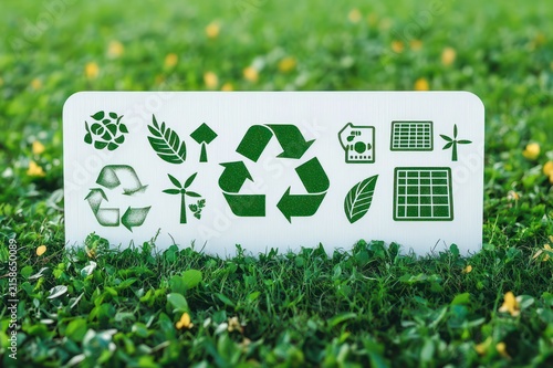 white sign with green recycling and renewable energy icons including recycle symbol, leaves, solar panels, wind turbine and battery on grassy field with small yellow flowers, hopeful and optimistic