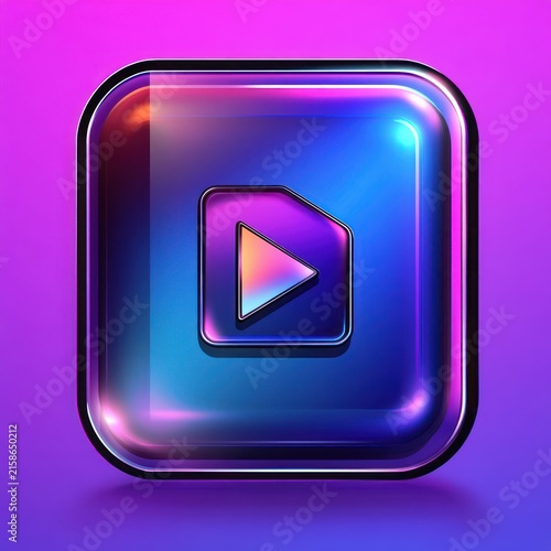 glossy neon glass square icon with triangular play symbol, vibrant purple and blue reflective glow conveying energetic futuristic mood
