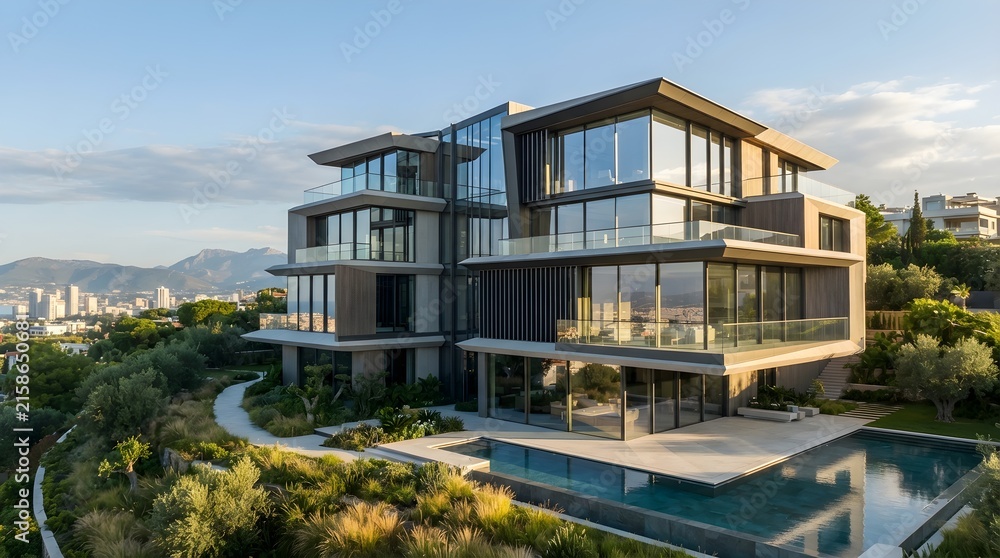 Fototapeta premium Contemporary multi-level luxury villa with swimming pool and scenic mountain background view