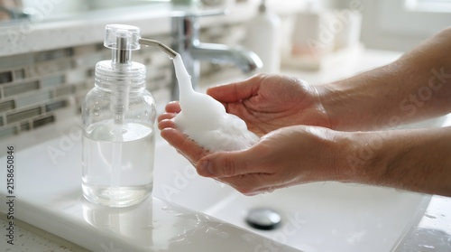 Hands washing with foam soap from a clear dispenser over a bathroom sink with water droplets