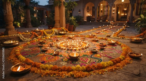 Intricate floral rangoli pattern on stone floor surrounded by glowing oil lamps at night